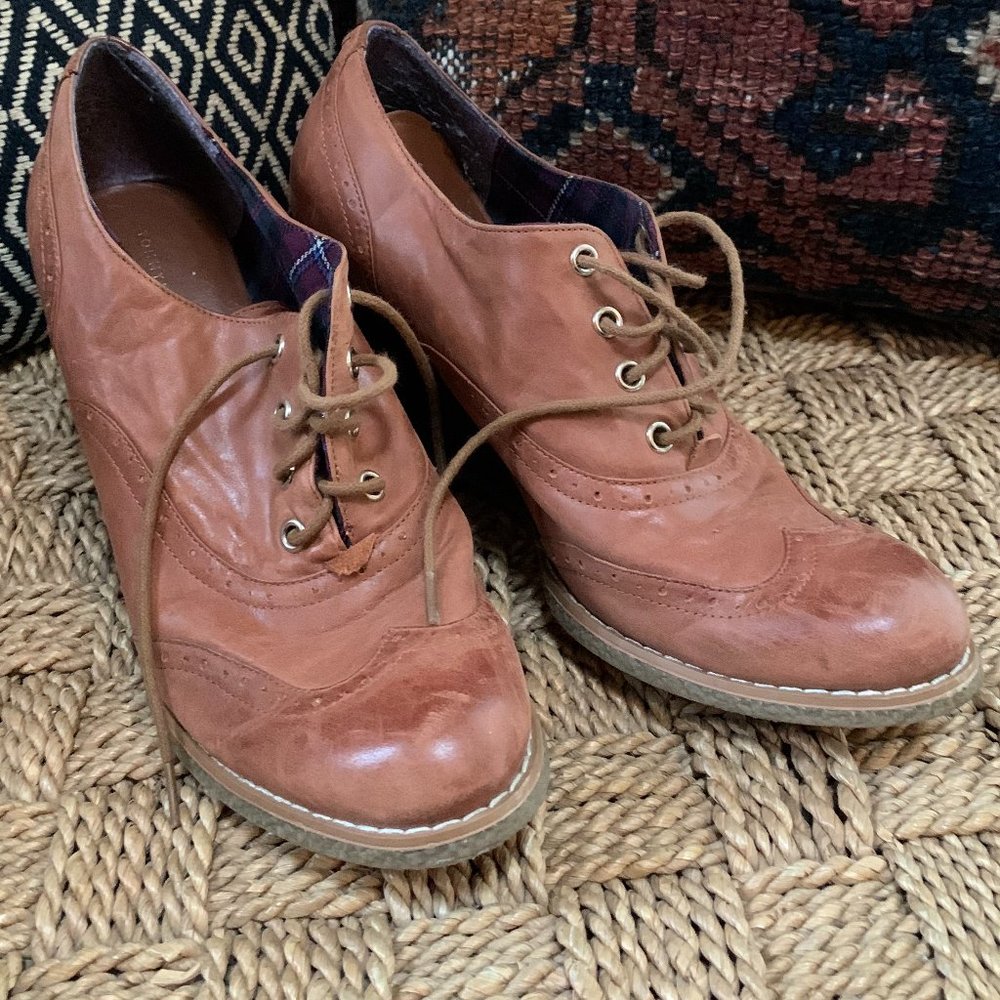 Caramel Leather Wedge Brogue Lace Up Booties - 8